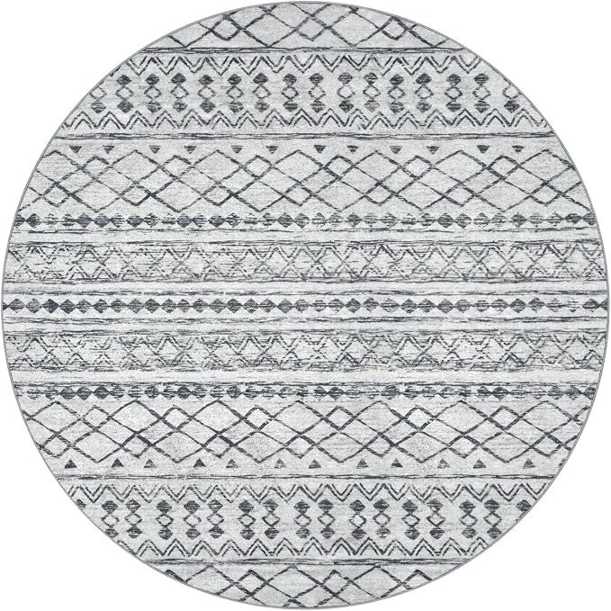 KUTA Boho Round Washable Rugs 5Ft Grey Moroccan Circle Area Rug Non-Slip Soft - Image 8