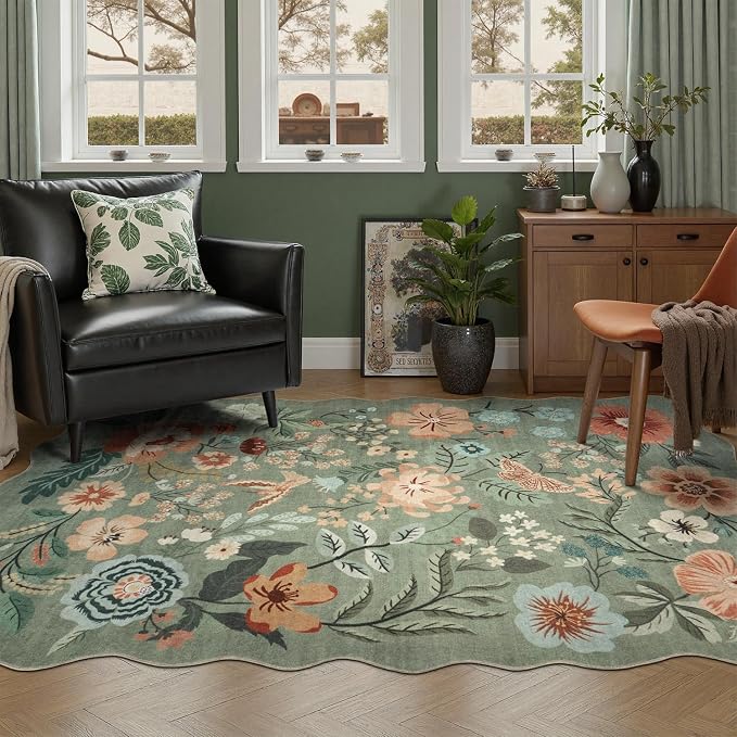 DCX Vintage Floral Rug 9x12, Washable Sage Green Rug - Image 6