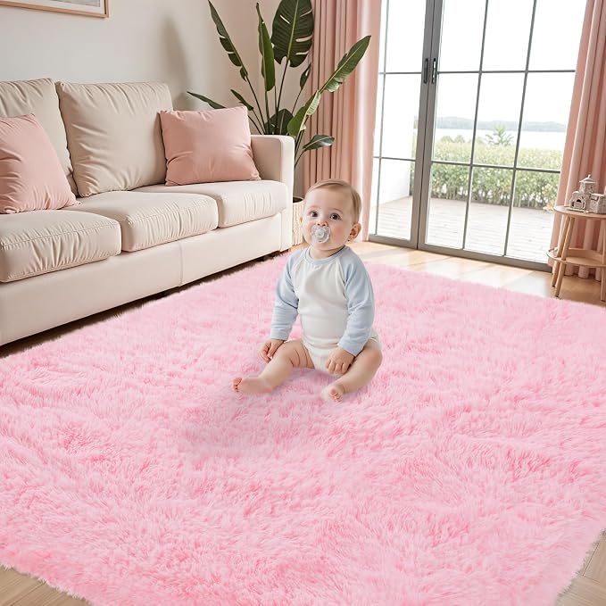 Fluffy Pink Area Rug for Bedroom Living Room Soft 8x10 Fuzzy Washable Rugs - Image 5