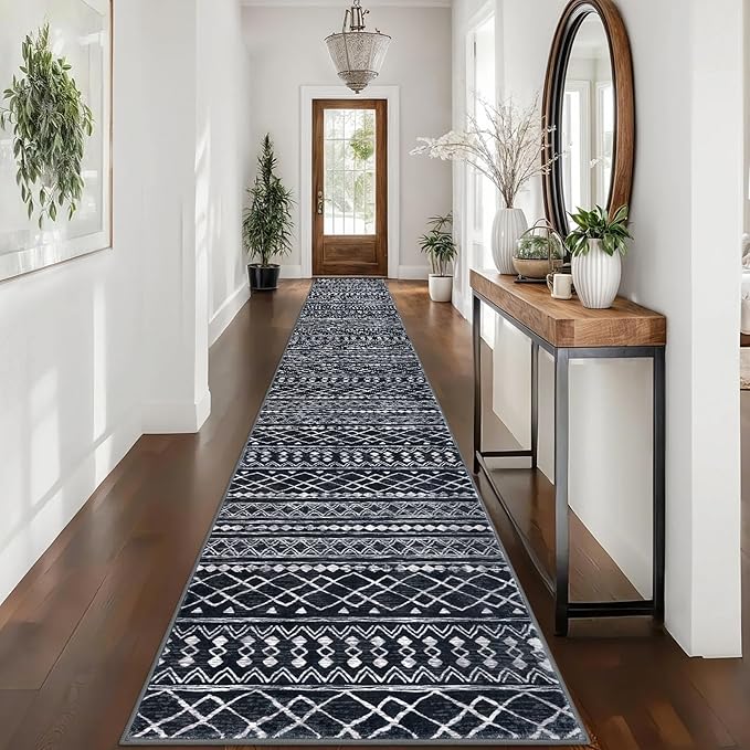 KUTA Long Hallway Runner Rug 2.6x16 Non-Slip Washable, Moroccan Vintage Black by KUTA