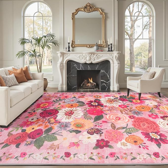 Pink Area Rugs 10x14 for Living Room, Non Slip Machine Washable Floral Rugs - Image 3