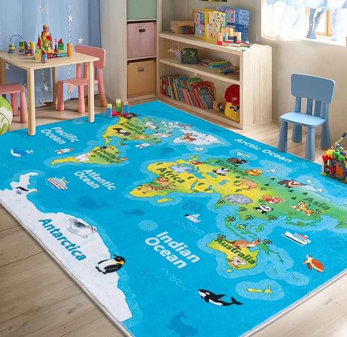 Kids Playroom Rug, 8x10ft World Map Play Mat by OHDS