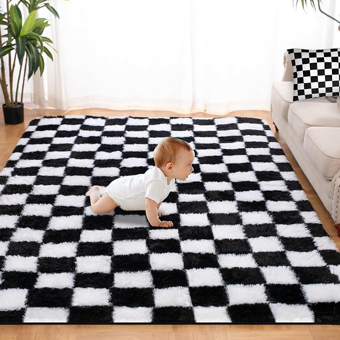 Super Soft Rug for Bedroom, 4x6 Ft Black and White Area Rug Classic Checkered by TOOHUB