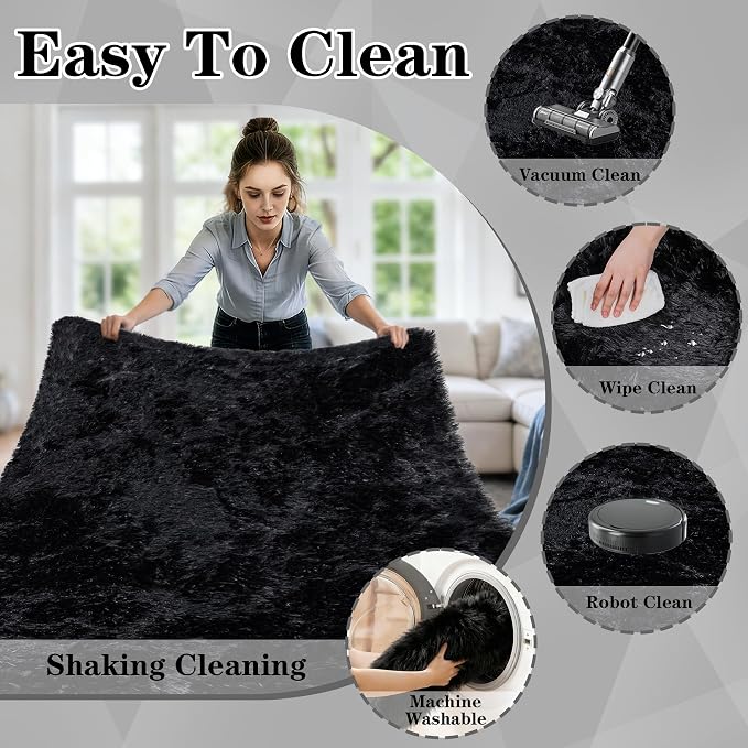 8x10 Area Rugs for Living Room: Soft Black Fluffy Rug Shag Washable Rug Plush - Image 6