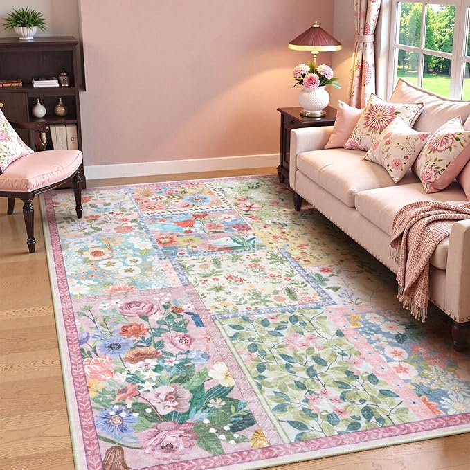 LIVEBOX 5 x 7 Pink Rugs for Bedroom Girls, Soft Patchwork Pink Rug for Living - Image 2