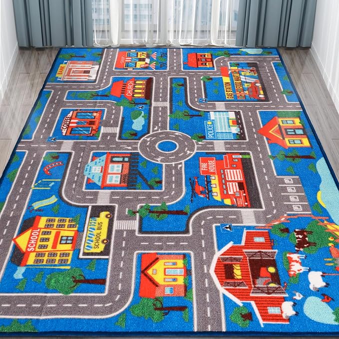 Kids Carpet Playmat Rug 110.2"x78.7", Car Rug by AKASISRUG