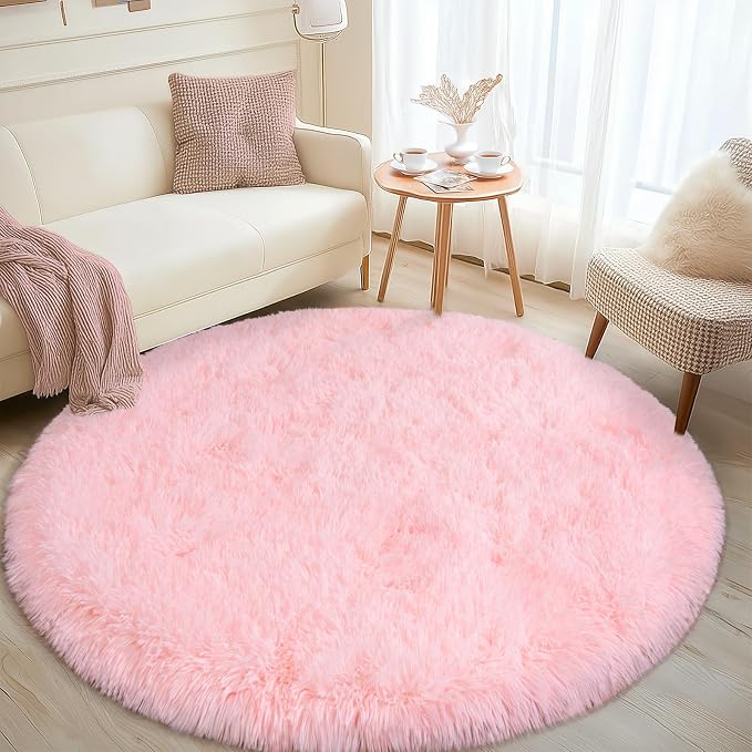 Round Fluffy Pink Rug for Bedroom, 4Ft Fuzzy Shag Circle Area Rug for Girls - Image 2