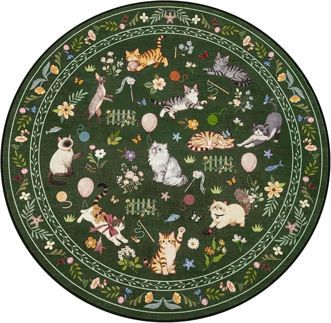Unirea 4x4 Dark Green Cat Round Area Rugs, Washable Soft Non Slip Circle Rug - Image 2