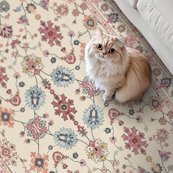 Rugxara Pink Rug for Living Room Bedroom, Floral 4x6 Washable Rug, Vintage Boho - Image 4