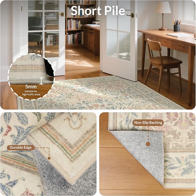 GENIMO Washable 3x5 Area Rug, Soft Vintage Floral Boho Carpet, Low-Pile - Image 5