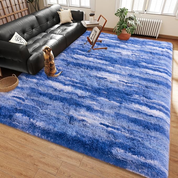 Shag Rugs for Living Room 9x12, Ultra Soft Abstract Blue Big Fuzzy Rugs for - Image 2