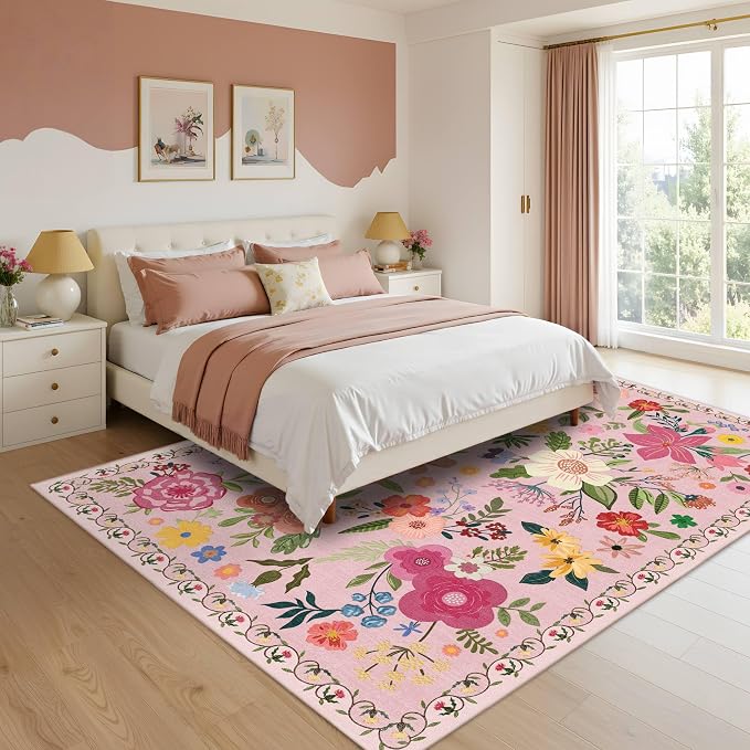 Latte&Fog Floral Area Rugs 6x9, Large Washable Pink Rugs - Image 4