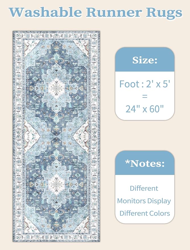 SERISSA Boho Washable Runner Rug, 2x5 Rug Non-Slip Vintage Blue Hallway Kitchen - Image 6