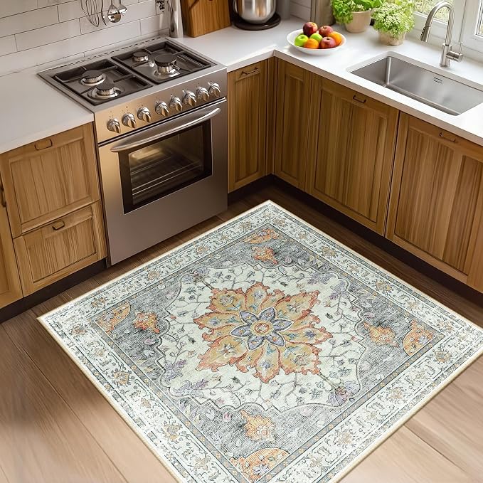 RELEANY Area Rugs Square 4ft Washable Non-Slip, Floral Vintage Distress by RELEANY