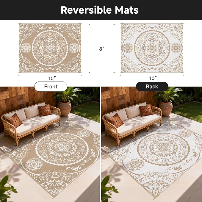 Pauwer Waterproof Outdoor Rug 8x10, Reversible Plastic Straw Patio Camping Rug - Image 2