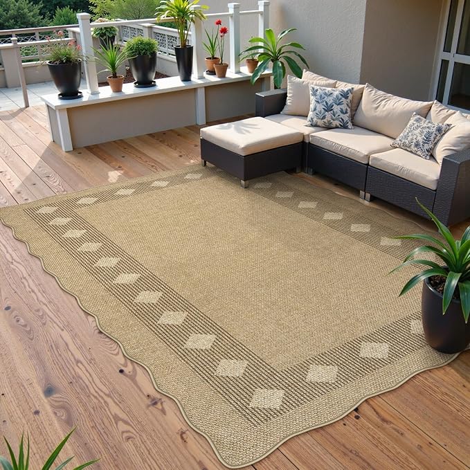 LIVEBOX Easy Jute Diamond Rug for Living Room, Scalloped Washable 5x7 Tan Rug - Image 2