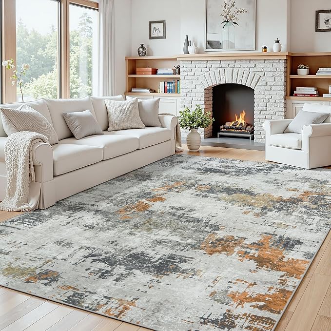 5x8 Area Rugs for Living Room Washable: Abstract Soft Thin Low Pile Grey Rug by Oriannal