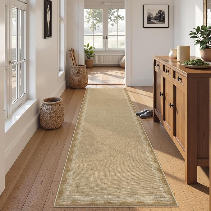 LIVEBOX Scalloped Washable 2x8 Kitchen Runner Rug, Easy Jute Geometric Tan Rug - Image 3