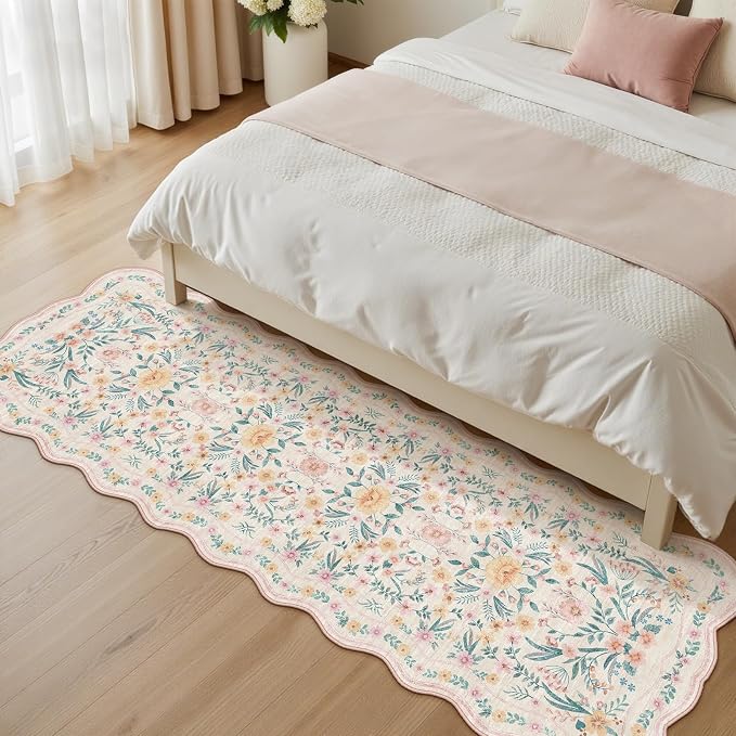 Hallway Runner Scalloped Floral Rug 2.6x8 Washable Non Slip Pink | Soft - Image 7