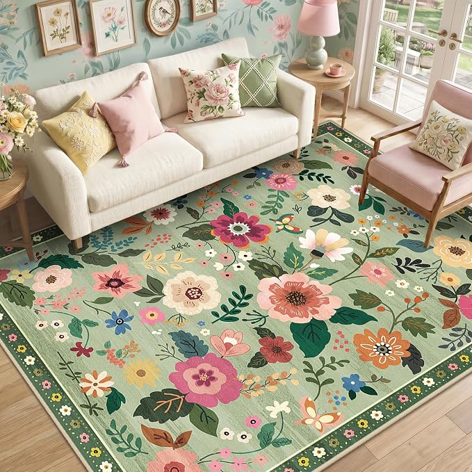 RELEANY Floral 6x9 Area Rugs Washable Print Boho Cute Carpet Non Slip Flower by RELEANY