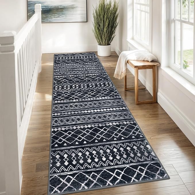 KUTA Moroccan Washable Runner Rug 2.6x8, Non-Slip Vintage Black Boho Hallway - Image 3