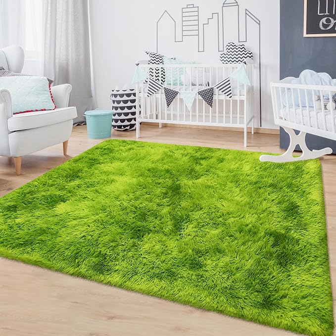 Tie Dyed Grass Green Rug 4x6 ft, Soft Plush Furry Shag Area Rugs Fluffy Fuzzy - Image 2