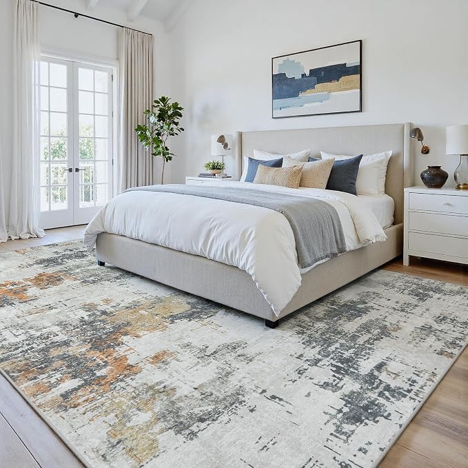 Area Rug 6x9 Living Room Rug Washable: No-Slip Abstract Soft Thin Large Grey - Image 5