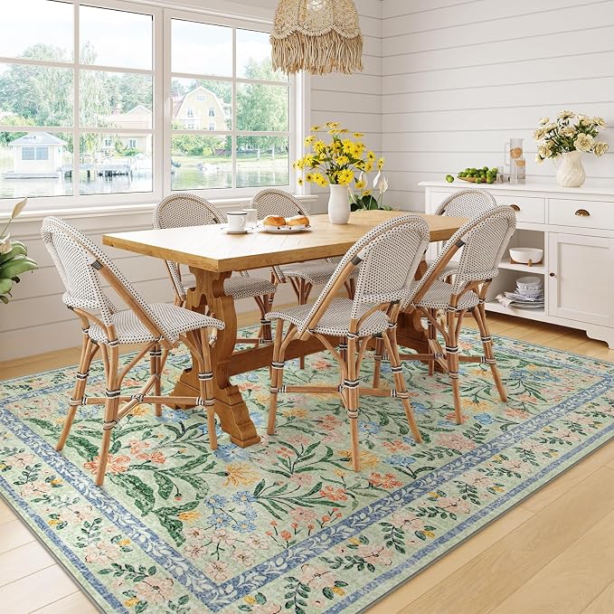 Wonnitar Washable Floral 6x9 Rug, Soft Green Area Rug Boho Non Slip Dining Room - Image 3