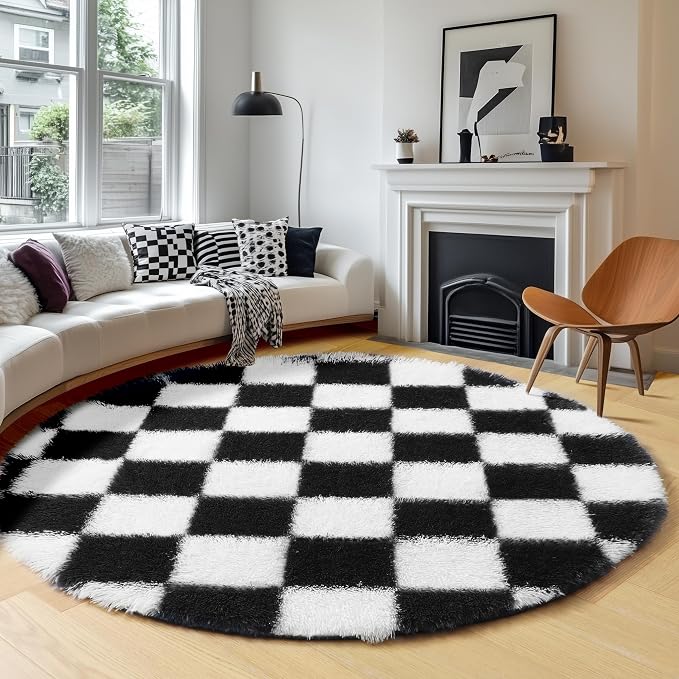 KICMOR Round Rug 4ft for Bedroom, Indoor Checkered Circular Rug for Kids Room - Image 3