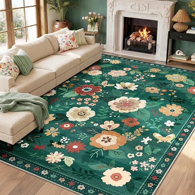 RELEANY Floral 8x10 Area Rugs Washable Print Boho Cute Carpet Non Slip Flower by RELEANY