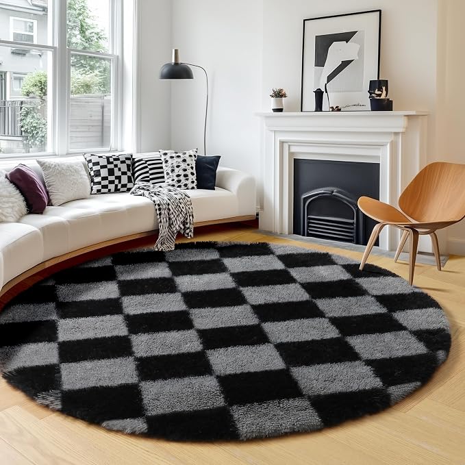 KICMOR Round Rugs 5ft Black and Grey Circle Area Rug, Fluffy Soft Fuzzy Shag - Image 3