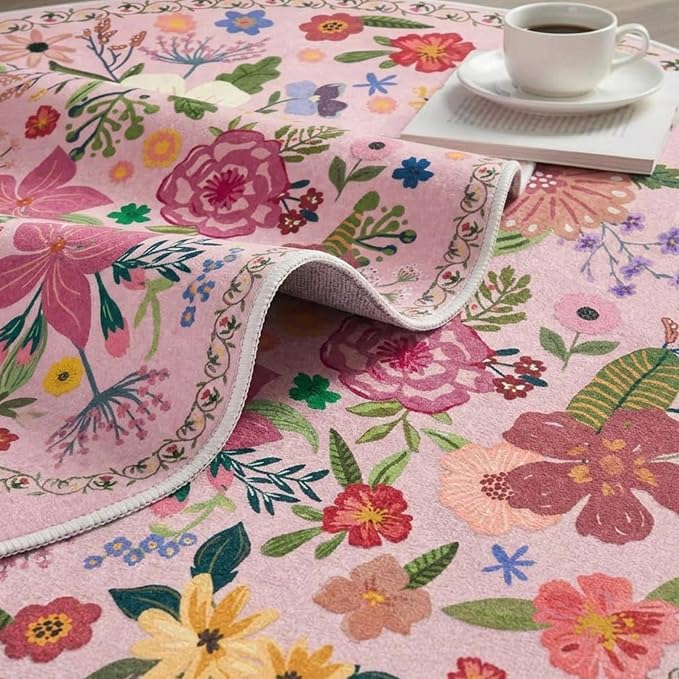 Latte&Fog Pink Floral Round Area Rug 6ft, Washable Vintage Circle Floral Rug - Image 7