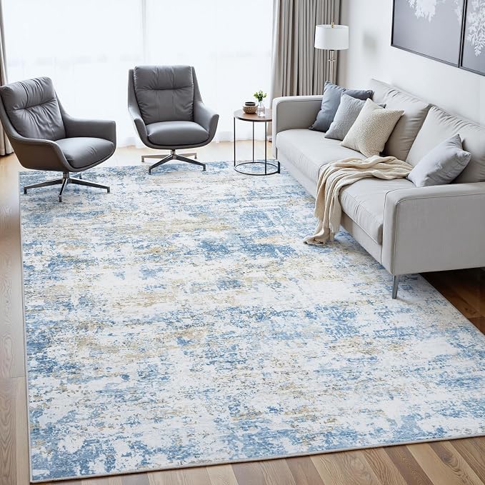 Area Rug 9x12 Living Room Rug Washable: No-Slip Abstract Soft Thin Large Blue - Image 3