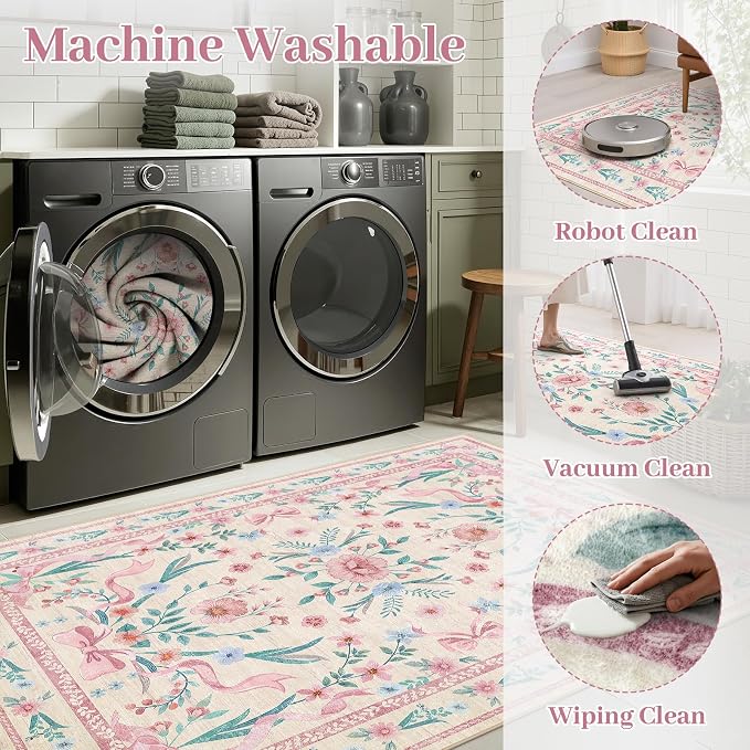 Coquette Pink Bow Rug 5x7, Washable Floral Area Rug - Image 6
