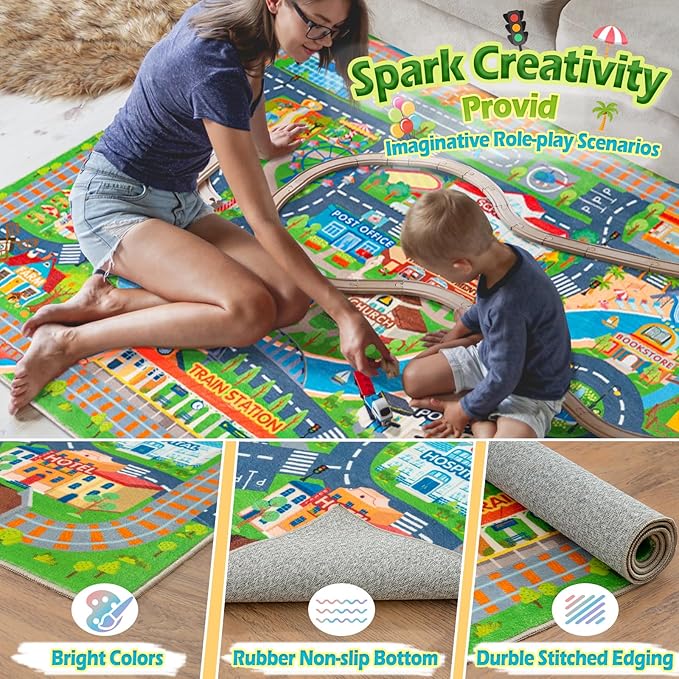 Car Rug Play Mat for Kids Toy Cars, Road Traffic Playmat for Kid Bedroom - Image 5