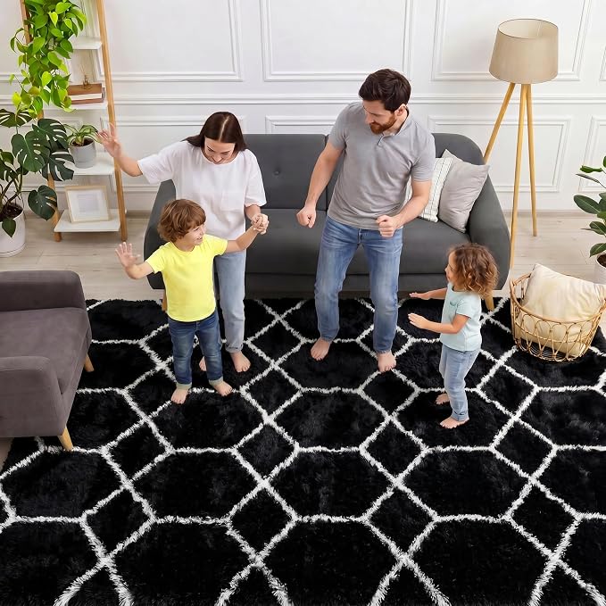 ONASAR 5x7 Area Rugs for Living Room Bedroom, Fluffy Black and White Rug - Image 3