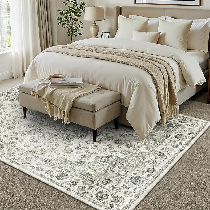 8x10 Washable Neutral Area Rug Green Vintage Living Room Bedroom Carpet - Image 2