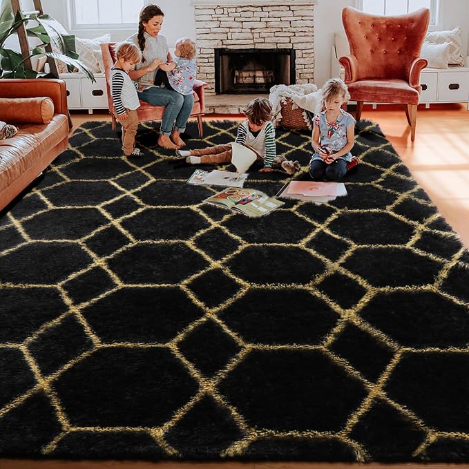 ONASAR 8x10 Area Rugs for Living Room, Fluffy Black and Gold Bedroom Rug - Image 7
