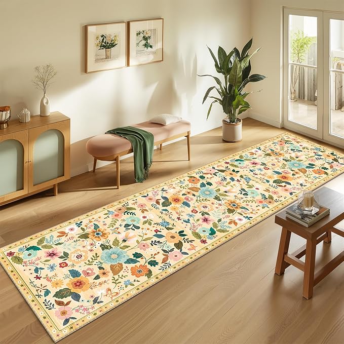RELEANY Floral 2x8 Area Rugs Washable Print Boho Cute Carpet Non Slip Flower by RELEANY
