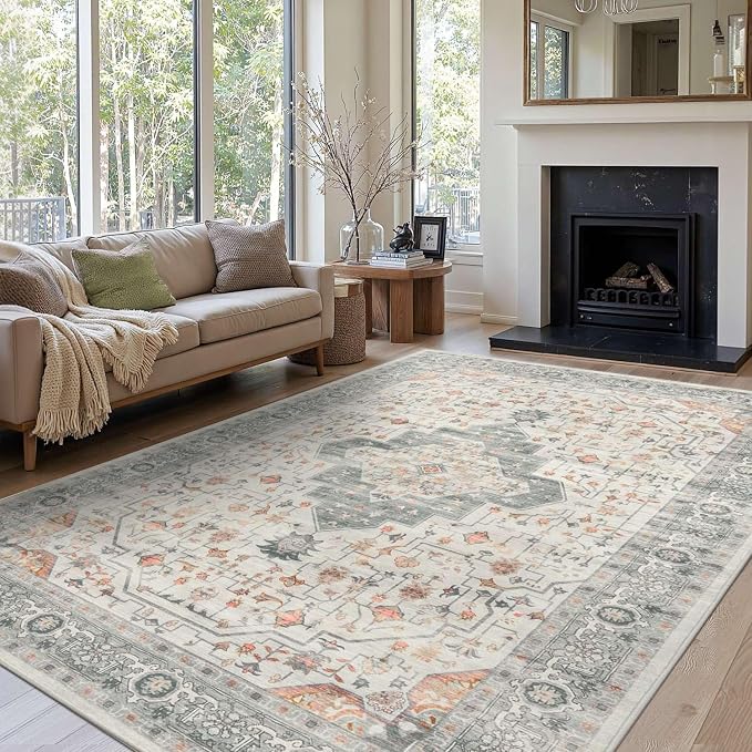 Rugxara 8x10 Washable Area Rug for Living Room, Vintage Neutral Extra Large by Rugxara