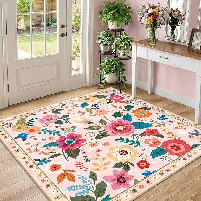 RELEANY Floral Square 4ft Area Rugs Washable Print Boho Cute Carpet Non Slip - Image 2