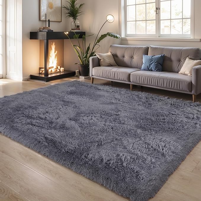 KICHOWUA Thick Area Rug 5x7 Grey Fluffy Shag by KICHOWUA