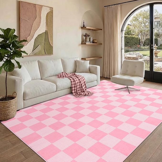 GarveeHome Checkered Blush Pink and White 4x6 Washable Rug Geometric Diamond - Image 3