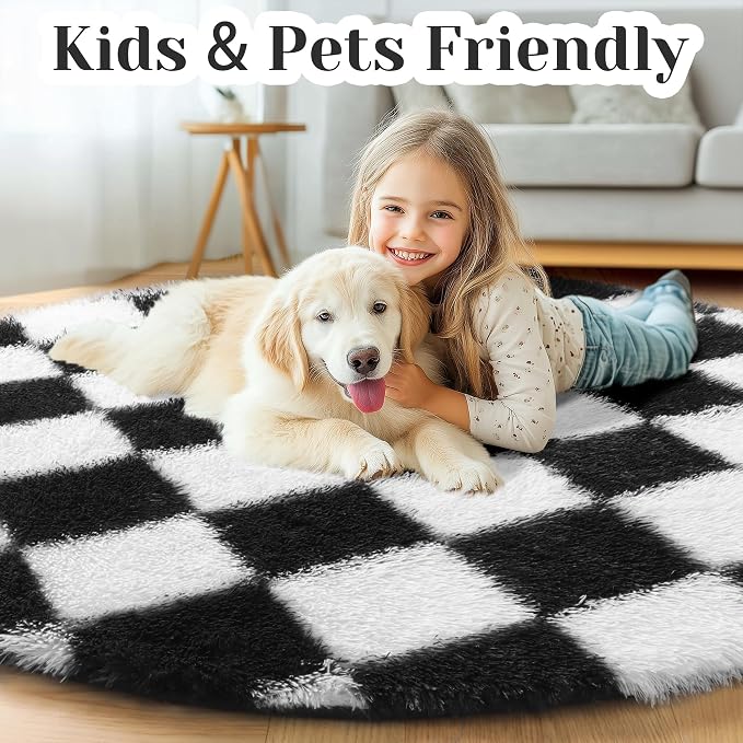 KICMOR Round Rugs 8ft Black and White Circle Area Rug, Fluffy Soft Large Fuzzy - Image 4