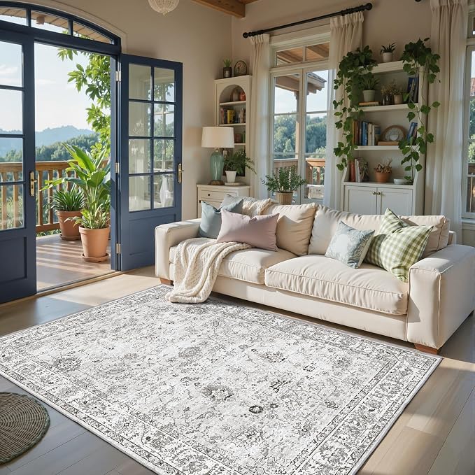 Area Rug 4x6 Grey Rug, Washable Boho Rugs Non Slip Low Pile Floral Small Carpet - Image 6