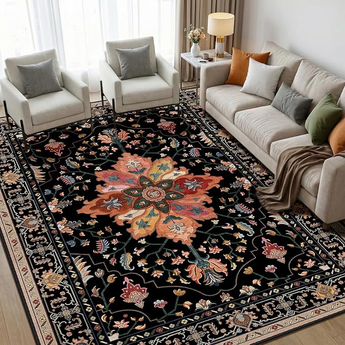 RELEANY Area Rugs 5'x7' Washable Non-Slip, Floral Vintage Distress Medallion by RELEANY