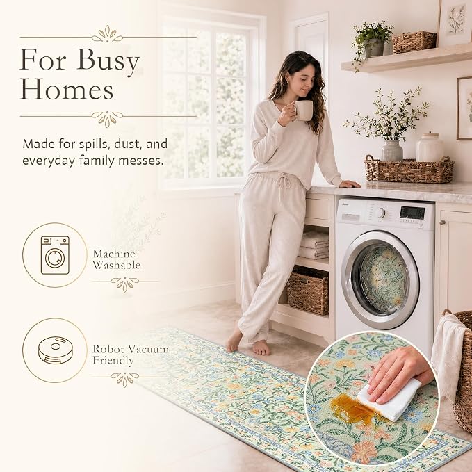 Wonnitar Washable Floral 6x9 Rug, Soft Green Area Rug Boho Non Slip Dining Room - Image 5
