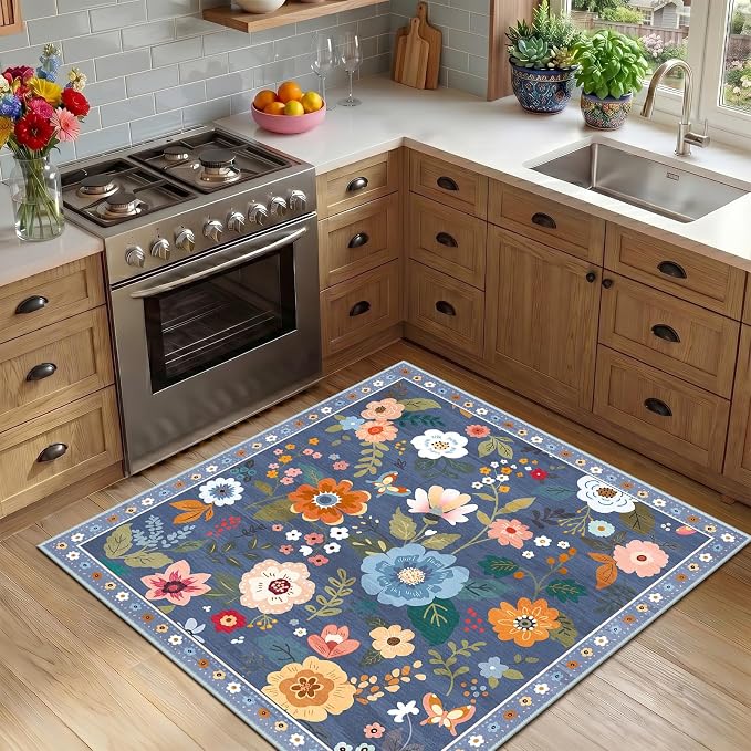 RELEANY Floral Square 5ft Area Rugs Washable Print Boho Cute Carpet Non Slip - Image 8
