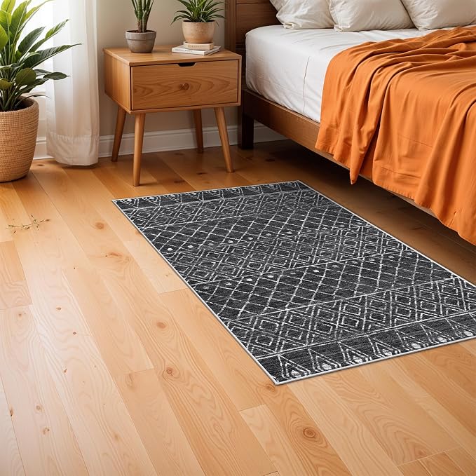 Black Moroccan 2x3 Entryway Small Area Rug | Machine Washable Low Pile Thin Non - Image 3