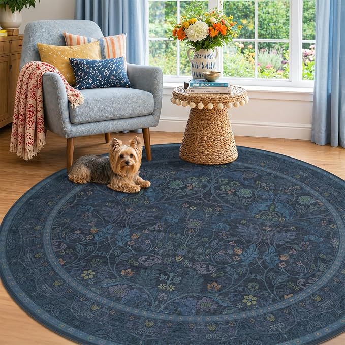 7ft Round Rug for Living Room, Dark Blue Oriental Floral Circle Area Rug by Evyhood